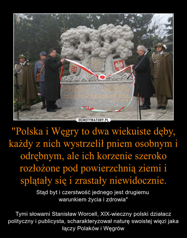 "Polska i Węgry to dwa wiekuiste dęby, każdy z nich wystrzelił pniem osobnym i odrębnym, ale ich korzenie szeroko rozłożone pod powierzchnią ziemi i splątały się i zrastały niewidocznie.