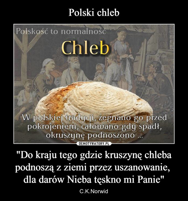 Polski chleb "Do kraju tego gdzie kruszynę chleba podnoszą z ziemi przez uszanowanie, 
dla darów Nieba tęskno mi Panie"