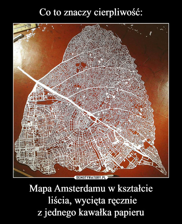 Mapa Amsterdamu w kształcie liścia, wycięta ręczniez jednego kawałka papieru –  