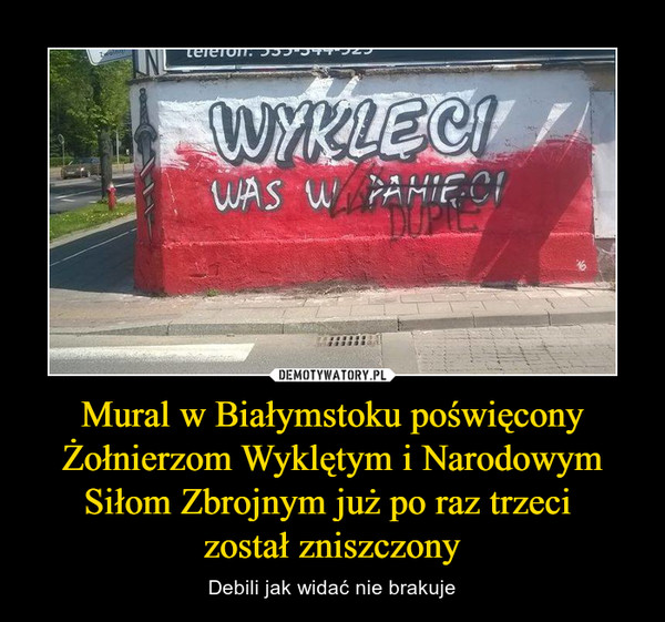 Mural w Białymstoku poświęcony Żołnierzom Wyklętym i Narodowym Siłom Zbrojnym już po raz trzeci został zniszczony – Debili jak widać nie brakuje 