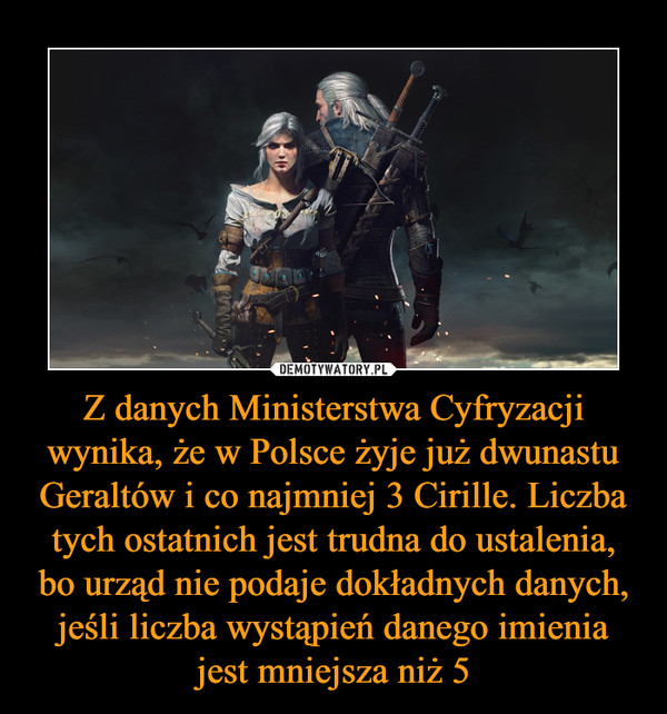 Z danych Ministerstwa Cyfryzacji wynika, że w Polsce żyje już dwunastu Geraltów i co najmniej 3 Cirille. Liczba tych ostatnich jest trudna do ustalenia, bo urząd nie podaje dokładnych danych, jeśli liczba wystąpień danego imienia jest mniejsza niż 5