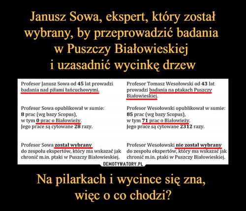 Janusz Sowa, ekspert, który został wybrany, by przeprowadzić badania 
w Puszczy Białowieskiej 
i uzasadnić wycinkę drzew Na pilarkach i wycince się zna, 
więc o co chodzi?