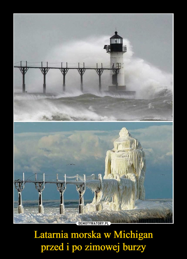 Latarnia morska w Michiganprzed i po zimowej burzy –  