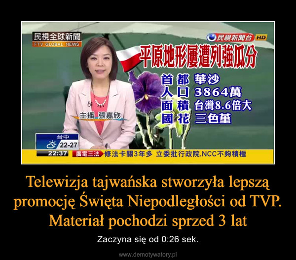 Telewizja tajwańska stworzyła lepszą promocję Święta Niepodległości od TVP. Materiał pochodzi sprzed 3 lat – Zaczyna się od 0:26 sek. 
