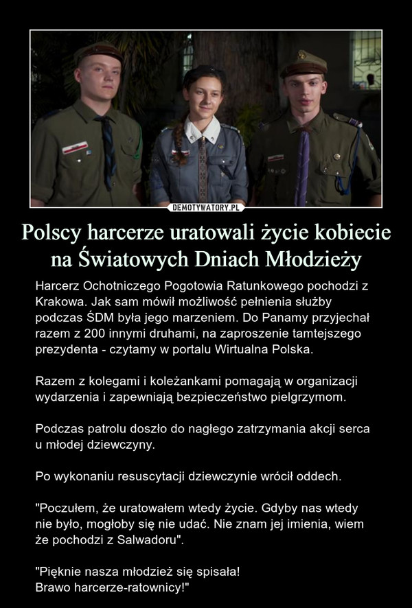 Polscy harcerze uratowali życie kobiecie na Światowych Dniach Młodzieży