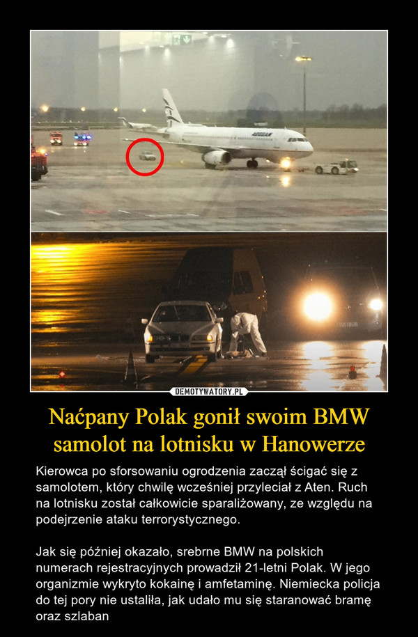 Naćpany Polak gonił swoim BMW samolot na lotnisku w Hanowerze