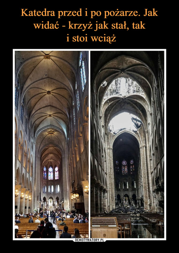 Katedra przed i po pożarze. Jak widać - krzyż jak stał, tak
 i stoi wciąż