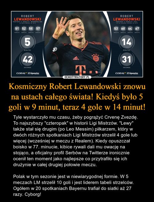 Kosmiczny Robert Lewandowski znowu na ustach całego świata! Kiedyś było 5 goli w 9 minut, teraz 4 gole w 14 minut!