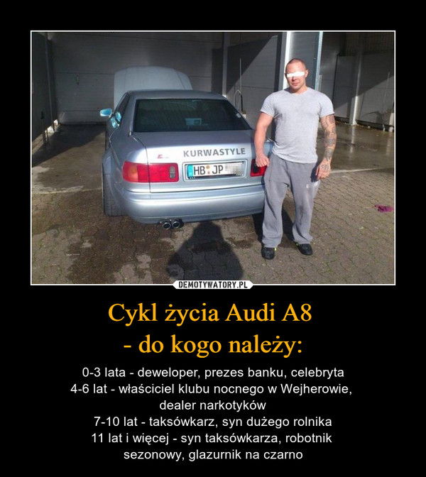 Cykl życia Audi A8 - do kogo należy: – 0-3 lata - deweloper, prezes banku, celebryta4-6 lat - właściciel klubu nocnego w Wejherowie, dealer narkotyków7-10 lat - taksówkarz, syn dużego rolnika11 lat i więcej - syn taksówkarza, robotnik sezonowy, glazurnik na czarno 