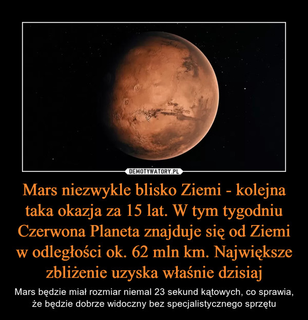 Mars niezwykle blisko Ziemi - kolejna taka okazja za 15 lat. W tym tygodniu Czerwona Planeta znajduje się od Ziemi w odległości ok. 62 mln km. Największe zbliżenie uzyska właśnie dzisiaj