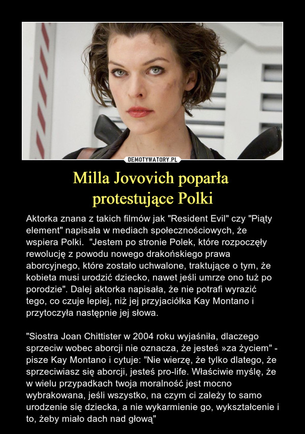 Milla Jovovich poparła 
protestujące Polki