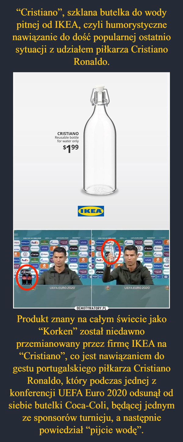 “Cristiano”, szklana butelka do wody pitnej od IKEA, czyli humorystyczne nawiązanie do dość popularnej ostatnio sytuacji z udziałem piłkarza Cristiano Ronaldo. Produkt znany na całym świecie jako “Korken” został niedawno przemianowany przez firmę IKEA na “Cristiano”, co jest nawiązaniem do gestu portugalskiego piłkarza Cristiano Ronaldo, który podczas jednej z konferencji UEFA Euro 2020 odsunął od siebie butelki Coca-Coli, będącej jednym ze sponsorów turnieju, a następnie powiedział “pijcie wodę”.