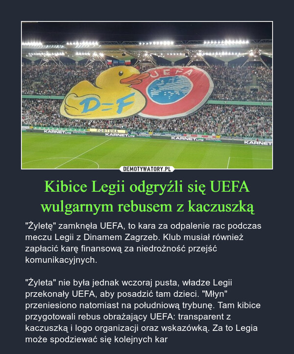 Kibice Legii odgryźli się UEFA wulgarnym rebusem z kaczuszką
