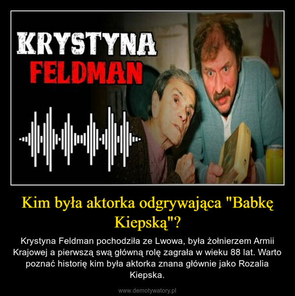 Kim była aktorka odgrywająca "Babkę Kiepską"? – Krystyna Feldman pochodziła ze Lwowa, była żołnierzem Armii Krajowej a pierwszą swą główną rolę zagrała w wieku 88 lat. Warto poznać historię kim była aktorka znana głównie jako Rozalia Kiepska. 