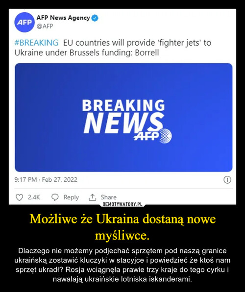 Możliwe że Ukraina dostaną nowe myśliwce.
