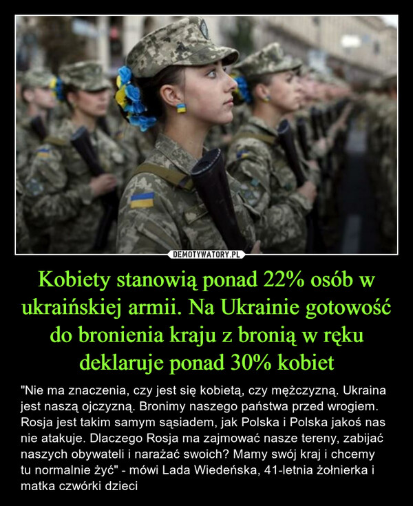 Kobiety stanowią ponad 22% osób w ukraińskiej armii. Na Ukrainie gotowość do bronienia kraju z bronią w ręku deklaruje ponad 30% kobiet