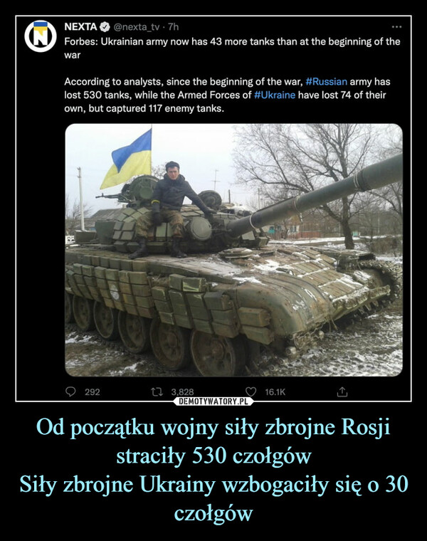 Od początku wojny siły zbrojne Rosji straciły 530 czołgówSiły zbrojne Ukrainy wzbogaciły się o 30 czołgów –  