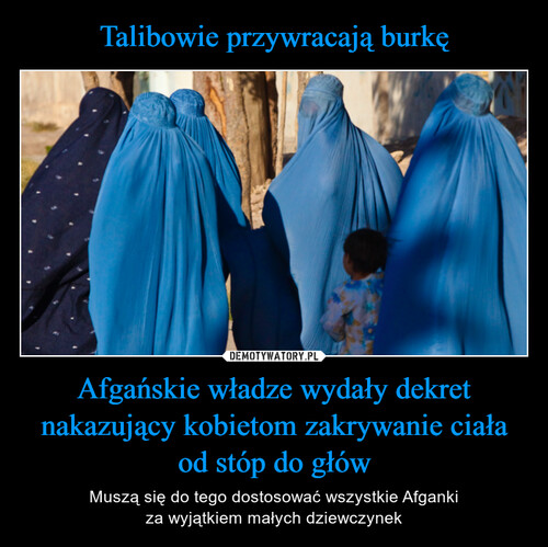 Talibowie przywracają burkę Afgańskie władze wydały dekret nakazujący kobietom zakrywanie ciała od stóp do głów