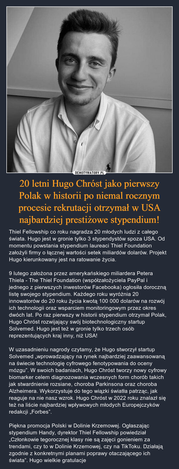 20 letni Hugo Chróst jako pierwszy Polak w historii po niemal rocznym procesie rekrutacji otrzymał w USA najbardziej prestiżowe stypendium!