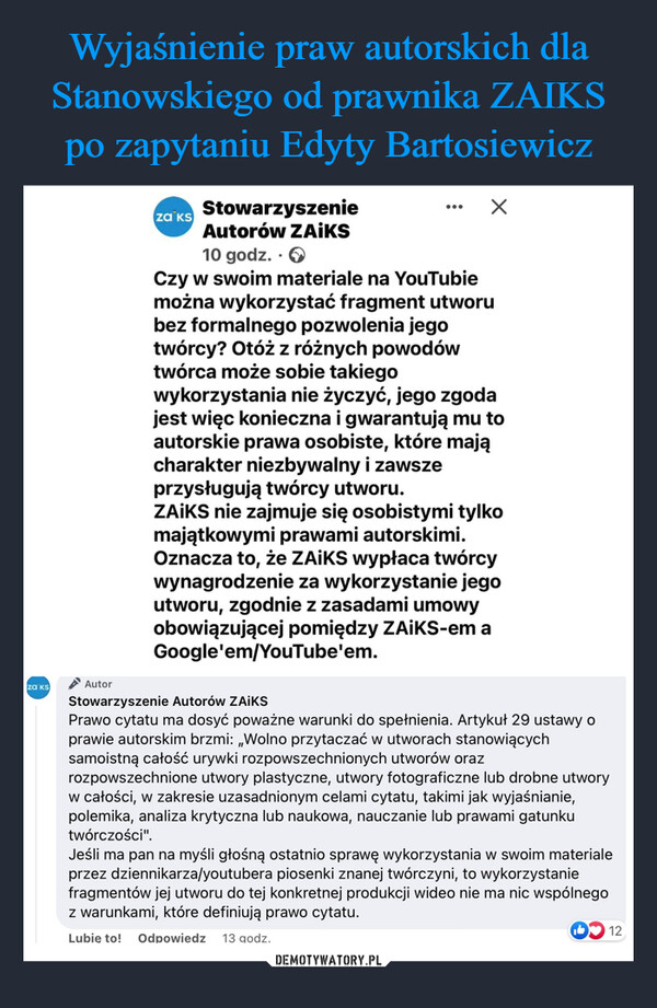 Wyjaśnienie praw autorskich dla Stanowskiego od prawnika ZAIKS po zapytaniu Edyty Bartosiewicz