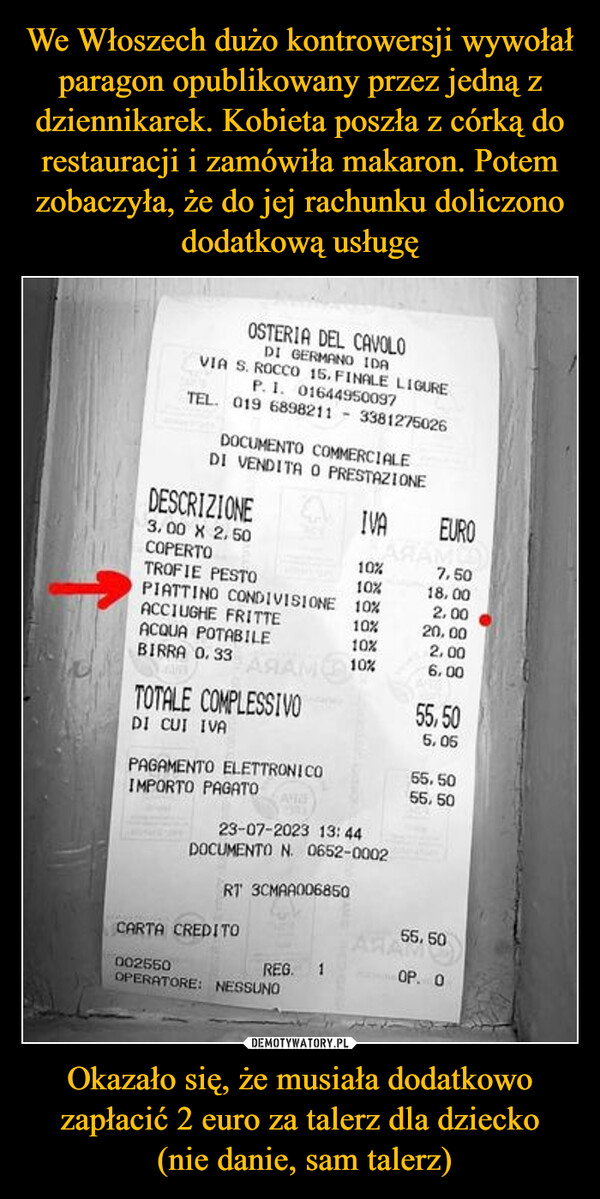 We Włoszech dużo kontrowersji wywołał paragon opublikowany przez jedną z dziennikarek. Kobieta poszła z córką do restauracji i zamówiła makaron. Potem zobaczyła, że do jej rachunku doliczono dodatkową usługę Okazało się, że musiała dodatkowo zapłacić 2 euro za talerz dla dziecko
 (nie danie, sam talerz)