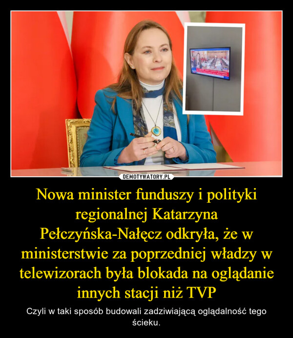 Nowa minister funduszy i polityki regionalnej Katarzyna Pełczyńska-Nałęcz odkryła, że w ministerstwie za poprzedniej władzy w telewizorach była blokada na oglądanie innych stacji niż TVP – Czyli w taki sposób budowali zadziwiającą oglądalność tego ścieku. 