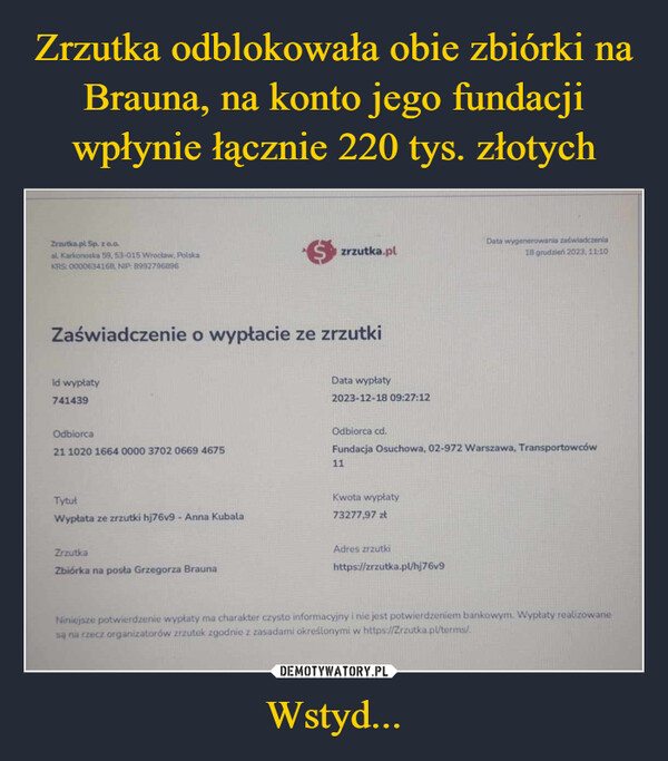 Zrzutka odblokowała obie zbiórki na Brauna, na konto jego fundacji wpłynie łącznie 220 tys. złotych Wstyd...