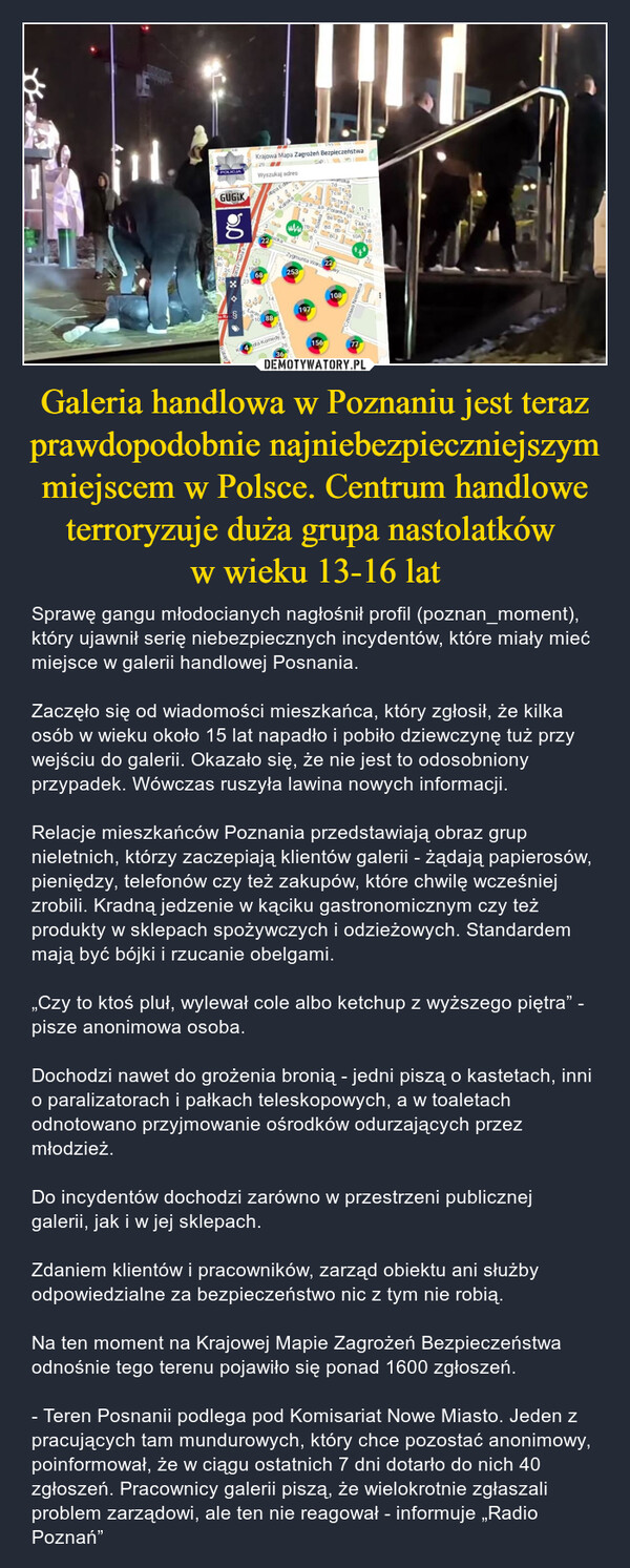 Galeria handlowa w Poznaniu jest teraz prawdopodobnie najniebezpieczniejszym miejscem w Polsce. Centrum handlowe terroryzuje duża grupa nastolatków 
w wieku 13-16 lat