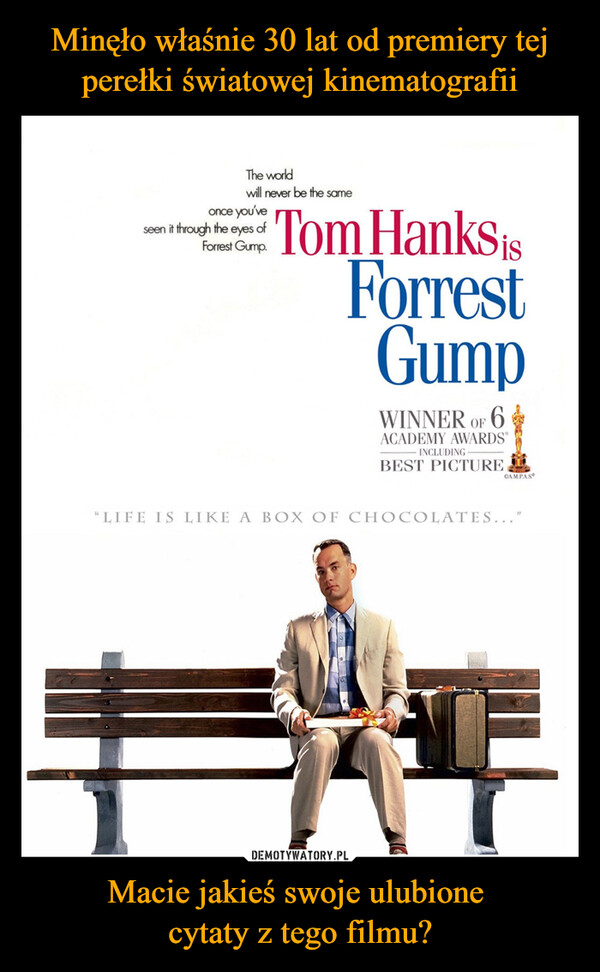 Macie jakieś swoje ulubione cytaty z tego filmu? –  once you'veseen it through the eyes ofForrest Gump.The worldwill never be the sameTom HanksisForrestGumpWINNER OF 6ACADEMY AWARDS®- INCLUDINGBEST PICTURECAM.PAS"LIFE IS LIKE A BOX OF CHOCOLATES..."