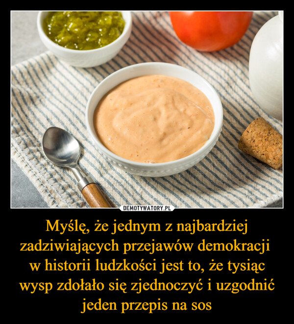 Myślę, że jednym z najbardziej zadziwiających przejawów demokracji w historii ludzkości jest to, że tysiąc wysp zdołało się zjednoczyć i uzgodnić jeden przepis na sos –  