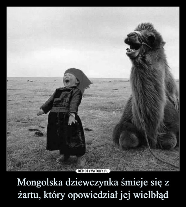 Mongolska dziewczynka śmieje się z żartu, który opowiedział jej wielbłąd –  