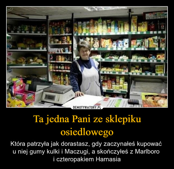Ta jedna Pani ze sklepiku osiedlowego – Która patrzyła jak dorastasz, gdy zaczynałeś kupować u niej gumy kulki i Maczugi, a skończyłeś z Marlboro i czteropakiem Harnasia Ta jedna Pani ze sklepiku osiedlowego którapatrzyła jak dorastasz gdy zaczynałeś kupować uniej gumy kulki i Maczugi a skończyłeś z Marlboro iczteropakiem Harnasia
